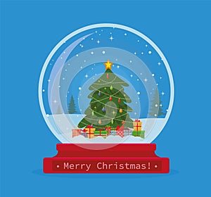 Christmas snow globe with Christmas tree and gifts inside. Merry Christmas. Celebrating new year and christmas. Vector