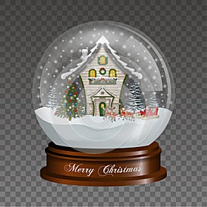 Christmas snow globe with wooden decorated house, santa claus sleigh and christmas tree