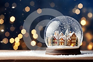 Christmas snow globe on wooden table with snowflakes and cozy town. Blurred background, bokeh. AI Generative.