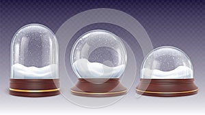 Christmas snow globes. Glass globe with snowy and snowfall. Empty realistic 3d new year ball on wooden stand. Glowing