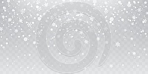 Christmas snow. Heavy snowfall. Falling snowflakes on transparent background. White snowflakes flying in the air. Vector