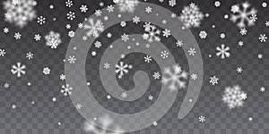 Christmas snow. Heavy snowfall. Falling snowflakes on transparent background. White snowflakes flying in the air. Vector