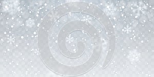 Christmas snow. Heavy snowfall. Falling snowflakes on transparent background. White snowflakes flying in the air. Vector