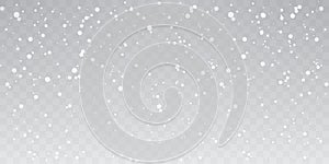 Christmas snow. Heavy snowfall. Falling snowflakes on transparent background. White snowflakes flying in the air. Vector