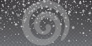 Christmas snow. Heavy snowfall. Falling snowflakes on transparent background. White snowflakes flying in the air. Vector