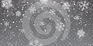 Christmas snow. Heavy snowfall. Falling snowflakes on transparent background. White snowflakes flying in the air. Vector