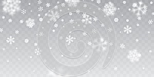 Christmas snow. Heavy snowfall. Falling snowflakes on transparent background. White snowflakes flying in the air. Vector