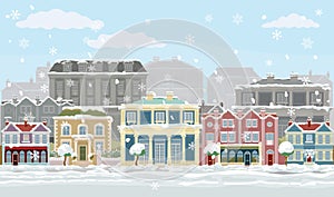Christmas Snow Houses and Shops Street Scene