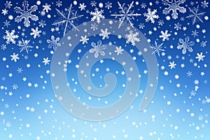 Christmas snow sky background with white and silver snowflakes. Winter holiday backdrop