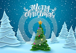 Christmas in snow vector banner design. Merry christmas greeting text with xmas tree element in snow flakes and snowy fir trees.