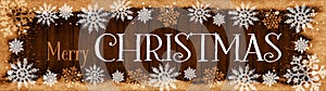 Christmas snow winter background banner panorama - Frame made of snow with snowflakes and ice crystals on dark wooden wood texture