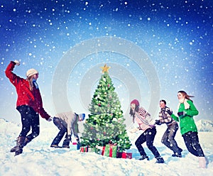 Christmas Snowball Fight Winter Friends Yuletide Concept photo