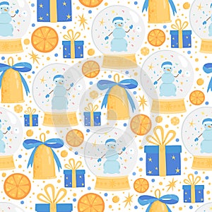 Christmas snowball with snowman seamless pattern. Vector illustration for your holiday design. Fir tree xmas decoration