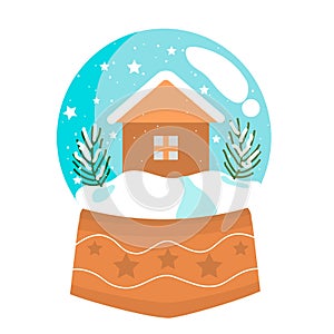 Christmas Snowball with trees and house. Glass snow globe isolated design. Festive Xmas object. Happy New Year and Merry