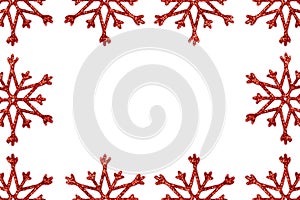 Christmas snowflake border frame background. Red snowflake top view isolated on white background