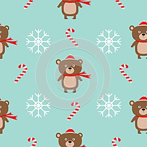 Christmas snowflake candy cane, bear wearing red santa hat, scarf. Seamless Pattern Decoration. Wrapping paper, textile template.