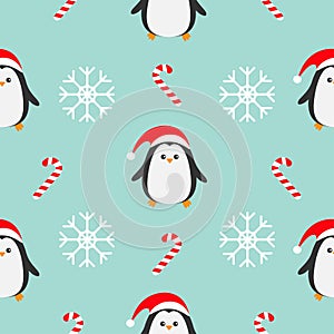 Christmas snowflake candy cane, penguin wearing red santa hat, scarf. Seamless Pattern Decoration. Wrapping paper, textile