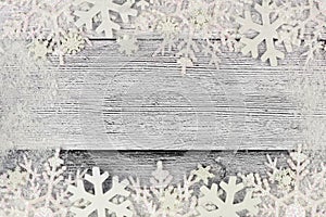 Christmas snowflake double border with snow frame on white wood