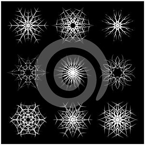 Christmas snowflake, frozen flake silhouette icon, symbol, design. Winter, crystal vector illustration on the black backg