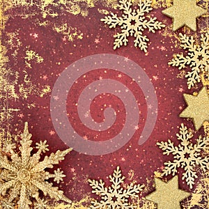 Christmas Snowflake and Star Background Border on Grunge Red