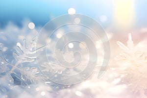 Christmas snowflakes background. Winter banner with fluffy snow flakes on light blue blurred bokeh background. Festive template