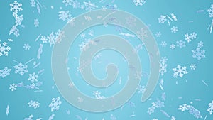 Christmas snowflakes flying on blue background. Winter New Year backdrop.