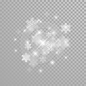 Christmas snowflakes glitter with sparkling light effect on white transparent background. Vector winter holiday snowfall sparkles