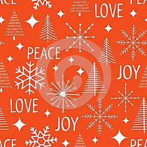 Christmas snowflakes seamless vector pattern. Modern graphic Christmas trees stars holiday background red white. Peace Love Joy