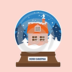 Christmas snowglobe with xmas scene in snow globe. Winter red house. Christmas tree. Happy New Year. Winter holidays