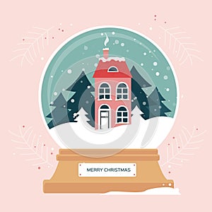 Christmas snowglobe with xmas scene in snow globe. Winter red house. Christmas tree. Happy New Year. Winter holidays