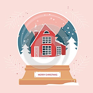 Christmas snowglobe with xmas scene in snow globe. Winter red house. Christmas tree. Happy New Year. Winter holidays