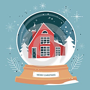 Christmas snowglobe with xmas scene in snow globe. Winter red house. Christmas tree. Happy New Year. Winter holidays