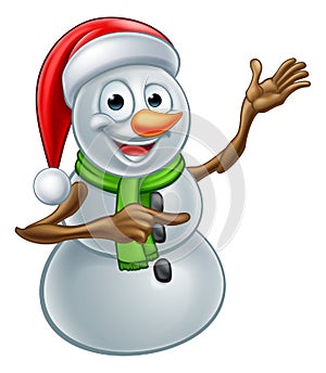 Christmas Snowman Cartoon Santa Hat Character Pointing