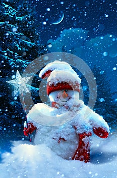 Christmas snowman and fir branches covered with snow