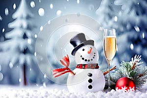 Christmas snowman with a glass of champagne under the snow