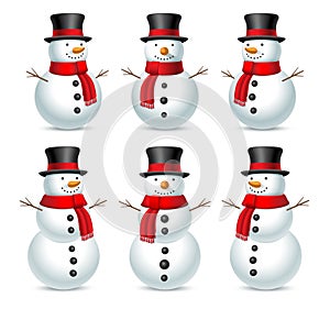 Christmas snowman with hat and scarf isolated on white background. Set of smiling snowmans. Vector illustration