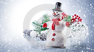 Christmas snowman. Holiday greeting card copyspace