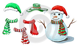 Christmas snowman illustration with various accessory isolated on white background. Cute smiling snowman construction. xmas and