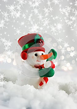 Christmas snowman nestled in snow