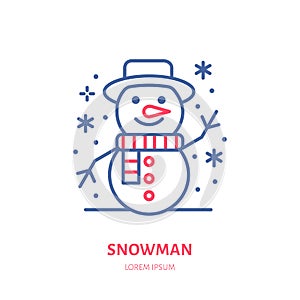 Christmas snowman, new year decoration flat line icon. Winter holidays vector illustration. Sign of happy character