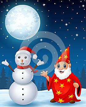 Christmas snowman with red old wizard in the winter night background