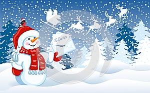 Christmas Snowman with Santa letter against winter forest background and Santa Claus in sleigh with reindeer team flying in the