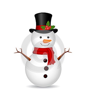 Christmas snowman with scarf on isolated background. Ice snow man for 2020 winter holiday. White cartoon snowball, snowman.