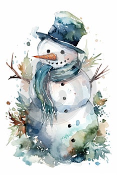 Christmas snowman with scarf wearing hat, watercolor. Hand drawn for decoration design. Art illustration, sketch. Cartoon style.