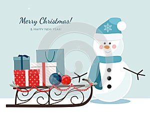 Christmas snowman, sleigh filled with gift boxes and shopping bags.
