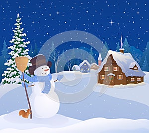 Christmas snowman and snowy village