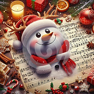 Christmas Snowman on a songbook. Pieces of Christmas surround him. photo