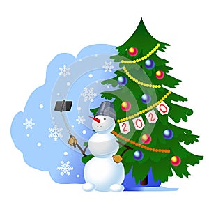 A Christmas snowman takes a selfie on the background of a Christmas tree. Happy New Year. Vector illustration