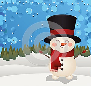 Christmas snowman with top hat icon in a forest background