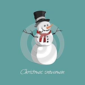 Christmas snowman in a top hat, scarf and with a pipe